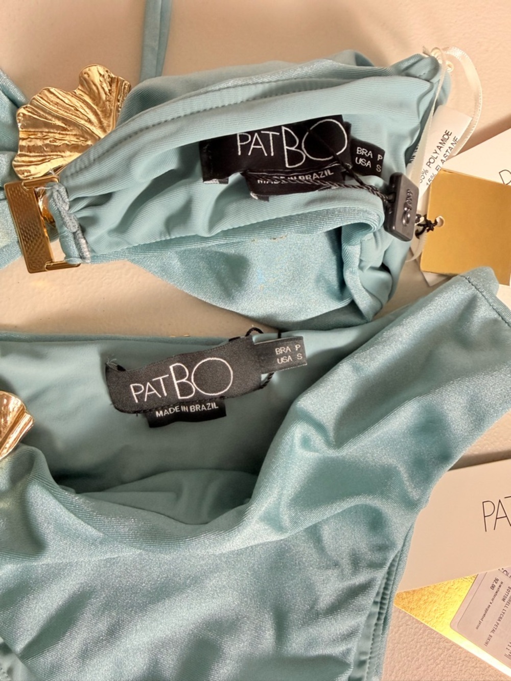 PatBO Seafoam Green Strapless Bikini Set with Gold Shell Accents 2pc NWT - Picture 8 of 9
